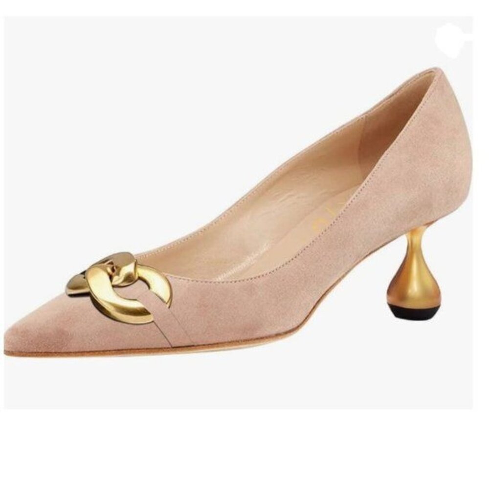 XYD Nude Suede Low Heel Pointed Toe Pump Metal Chain Solid Golden Heel Shoes